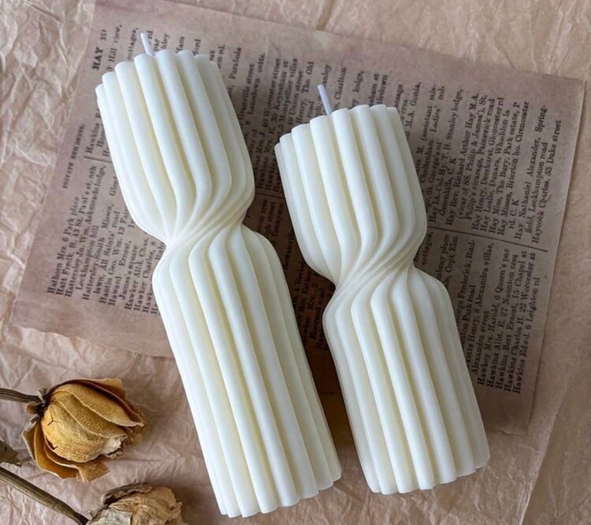 Ribbed hourglass twist candles, hand-poured in soy, beeswax and coconut wax